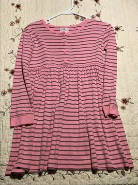 Hanna Andersson Pink/Olive Green Striped Henley Long Sleeve Knit Dress, Size 130